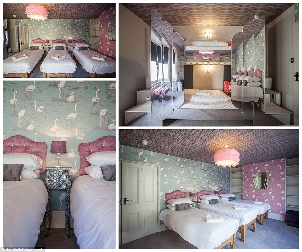 The flamingo room has bespoke fluffy lampshades to denote bird feathers, and themed wallpaper