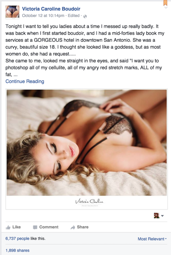 Following her client's orders, Victoria heavily photoshopped the pictures. She removed the woman's cellulite, wrinkles, stretch marks, blemishes, etc. Months later, Victoria received an unexpected email from the woman's husband, which she recently shared on Facebook.